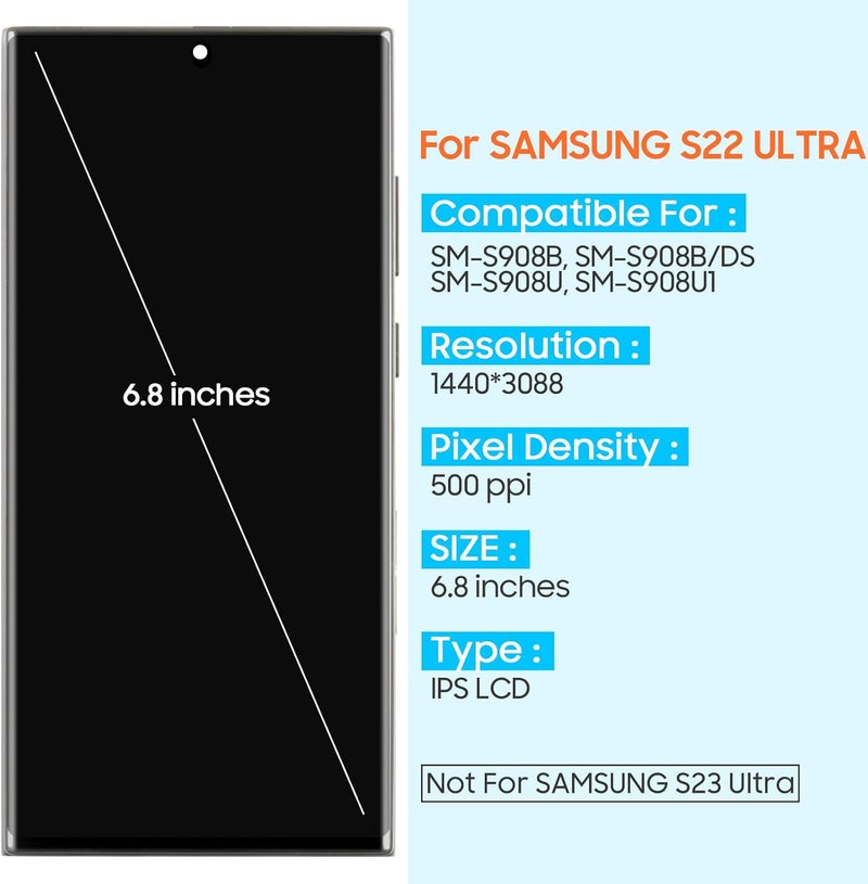 ARSSLY إنسيل لجهاز سامسونج جالاكسي S22 ألترا 5G استبدال الشاشة - لجهاز سامسونج S22 ألترا 5G شاشة LCD SM-S908B SM-S908U S908 S908B مجموعة شاشة اللمس مع الإطار (بدون بصمة)  - Image 3